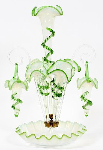 HAND BLOWN GREEN TO CLEAR GLASS EPERGNE C. 1870