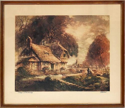 AL WETTEL COLORED LITHOGRAPH COTTAGE IN NORMANDY