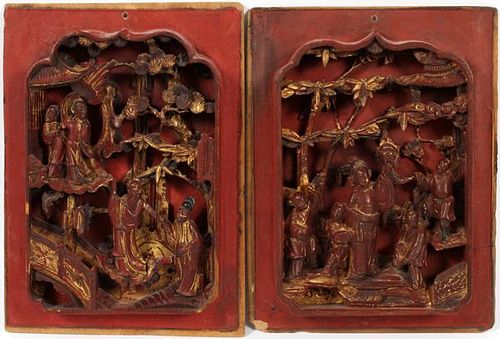 CHINESE CARVED WOOD RELIEF PLAQUES 19TH.C. PAIR