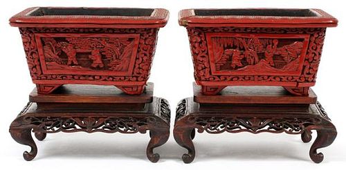 CHINESE CINNABAR PLANTERS ON STANDS PAIR 19TH.C.