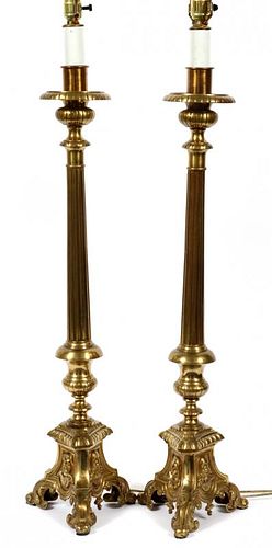 COLUMN STYLE BRASS CANDLE HOLDER LAMPS PAIR