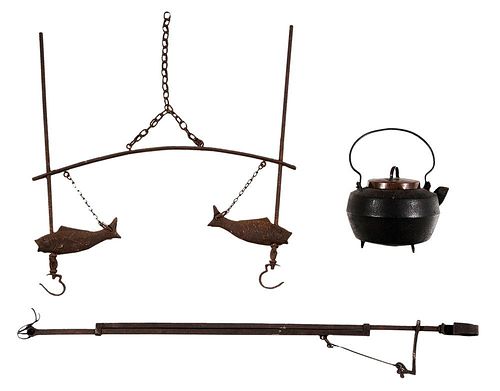 Large Iron Kettle and Two Iron