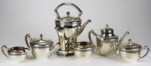Gorham sterling tea and coffee service including hot water service, tea pot, coffee pot, waste bowl, cream and sugar. 6pcs.