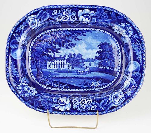 19th c. Deep Blue transfer dec Staffordshire porcelain platter by R. Halls of St. Woolston's Kildare Ireland 12" x 15" -surface glaze scratche