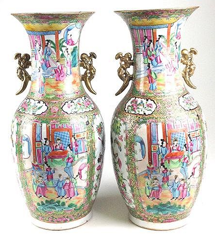 Pair of 19th c. Chinese Famille Rose vases with ornate overall scenes and gilt handles 20" ht. -repair to one handle