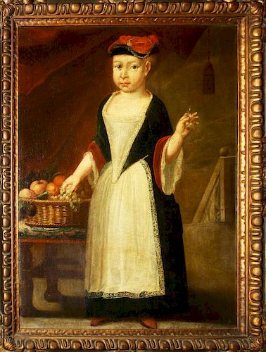 early 18th c French or Flemish School portrait of a young girl in lace dress, 20th century frame and restretcher incomplete painted notes on reverse o