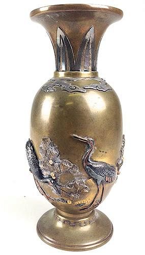 Japanese Meji period mixed metals bronze vase, silver & copper applied  cranes gold tone foliate ornament, sterling inlay clouds & geometric decoratio