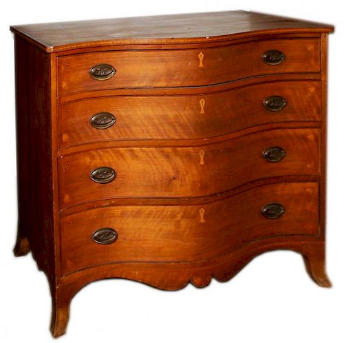 Rare Sheraton Southern inlaid mahogany serpentine front 4 drawer chest on French feet. Fan and string inlays in drawers, inlaid drop panel, breadboard