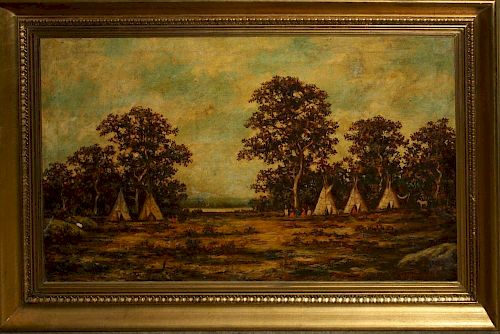 Ralph Albert Blakelock (American 1847-1919) Indian encampment with tipis and figures o/c 21 x 36" signed lower right ex Herbert Durfee Collection. Rel