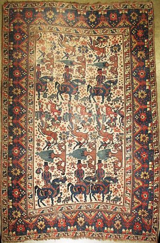unusual late 19th c Persian garden carpet with antelope, horses & riders, & cypress trees, 4' 8ﾔ x 6' 4ﾔ