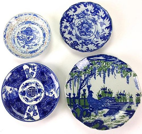 group of four  19th c. Chinese export porcelain dishes, one with 5 toe dragon center, character mark signed, one green and blue with rooster decoratio
