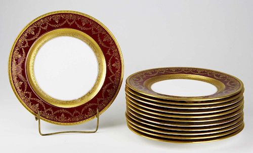 set of 12 Coalport for Ovington Bros. gilt embossed burgundy rim dinner plates 10.25" dia