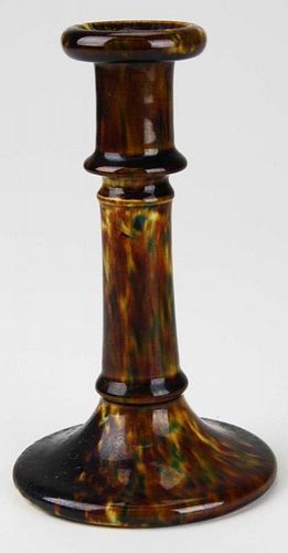 mid 19th c Bennington attributed candlestick with flint enamel glaze, mottled flecks of green, probably Lyman, Fenton & Co, Bennington, Vt 1849-1858),
