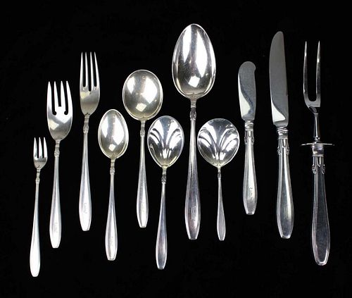 Gorham "Nocturne" sterling silver flatware. Includes dinner forks and knives, teaspoons, luncheon forks, cream soup spoons, fish forks, some butter sp