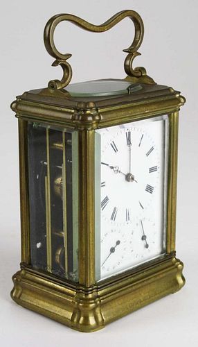 late 19th c Swiss carriage clock signed ﾓAnker Hemming & Hebel and 6 Locher in Steinﾔ, 3 dials, repeater movement, w/ key (running)