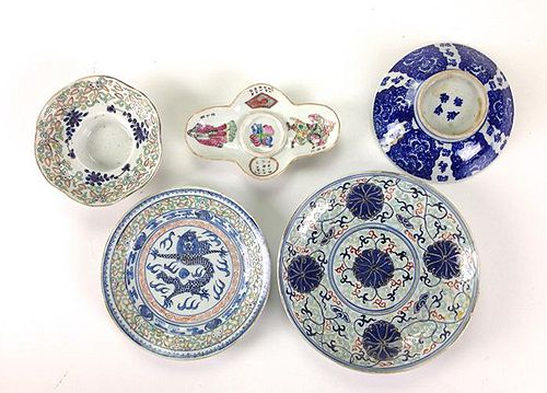 group of 5 various Chinese export porcelain enamel decorated dishes 4" - 6" dia.
