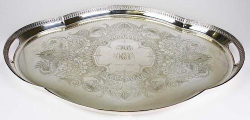 Elaborate engraved Aesthetic Gorham Mfg. Co 26" silver-plated tray. Monogrammed JCB MEC 1875-1933. Marked.