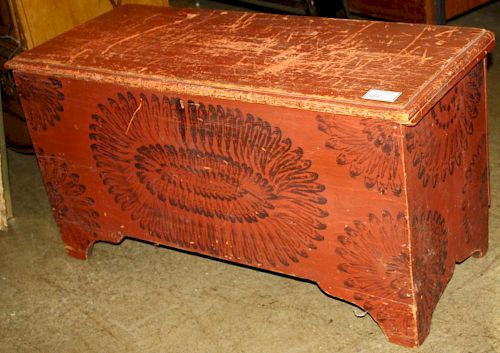 Red paint and sponge decorated pine lift top blanket chest, bootjack ends. 39ﾽ"w x 22"h x 17"d.