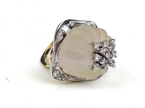 Lalique 14k yellow gold ladies cocktail ring having frosted glass center cabuchon with 13 .03 ct rd cut diamonds on top, frame edge in white gold w/8 