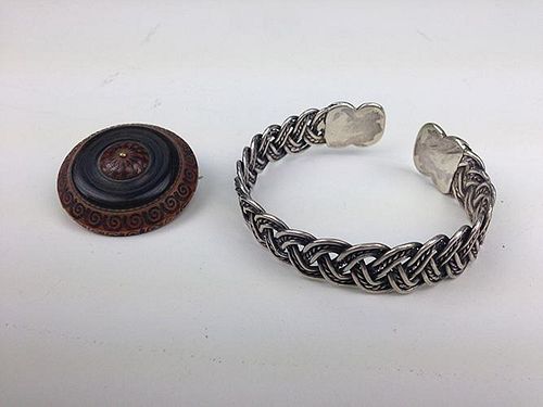 Unmarked Navajo silver woven form bangle bracelet inscribed  "G.B." signed "Partridge"  round wood and brass broach