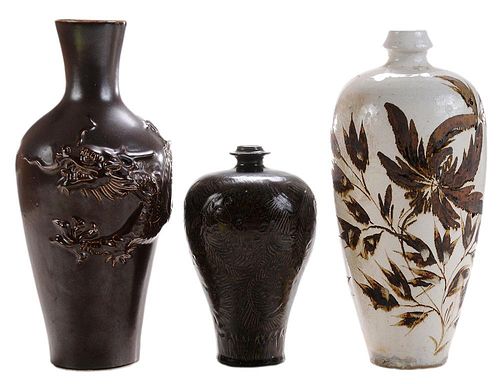 Three Brown and White Stoneware Vases