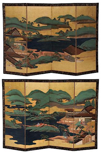 Pair Edo School Four-Panel Folding