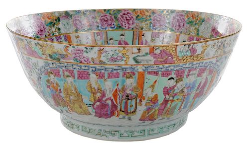 Chinese Export Rose Mandarin Porcelain 外销瓷粉彩人物花鸟大碗，6.375*14.5英寸，19世纪，中国