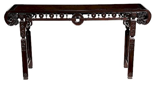 Chinese Style Carved Hardwood Altar 案头、裙边镂雕，四脚浮雕硬木供桌，33*64*15英寸,20世纪,中国
