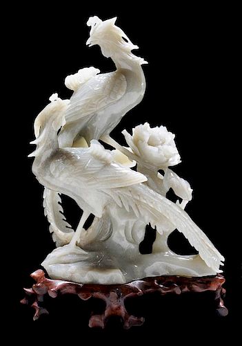 Jade Carving, Two Phoenixes and 带雕花木托架翡翠雕牡丹双凤，20世纪，中国