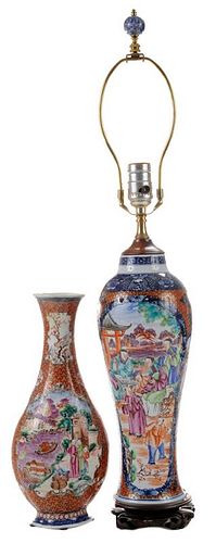Two Chinese Export Porcelain Vases, 外销瓷开光人物山水花瓶两只，18世纪，中国