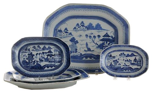 Five Canton Platters Graduated in 外销瓷广东青花山水纹碟五只，长8-15.75英寸，19世纪，中国