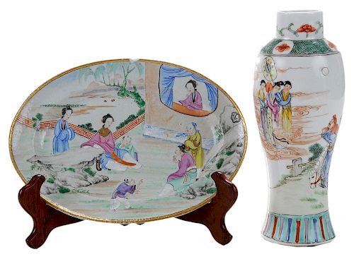 Chinese Export Porcelain Vase and 外销瓷粉彩人物山水象腿瓶和碟子各一，19世纪，中国