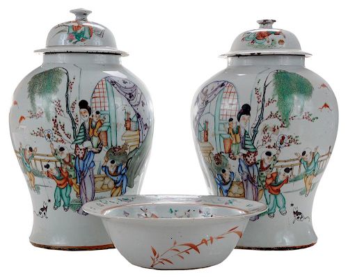 Pair Chinese Famille Rose Porcelain 粉彩人物将军罐一对和粉彩人物大碗，将军罐高16.5英寸，大碗3.5*11.5英寸，19/20世纪,中