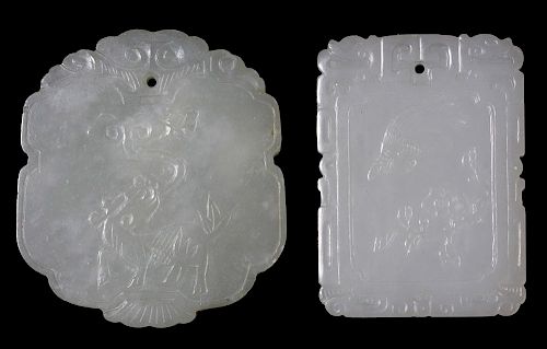 Two Jade Tablet Pendants 翡翠浮雕瑞鹿衔芝和凤穿牡丹玉牌各一，2.125*1.937英寸，中国