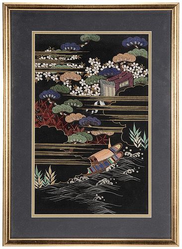 Finely Embroidered Silk Landscape 丝质山水刺绣画匾，24.75*18英寸，20世纪，亚洲