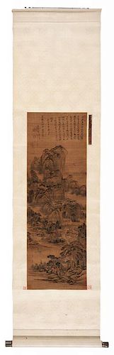 Chinese Ink and Color Landscape Scroll “山壑飞泉图”卷轴，71.5*18.75英寸，清早期