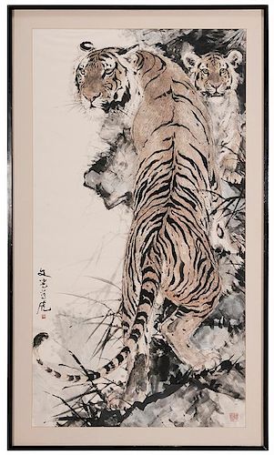 Chinese School Watercolor on Paper “文光尊虎图”画匾，54.25*28.625英寸，20世纪，中国