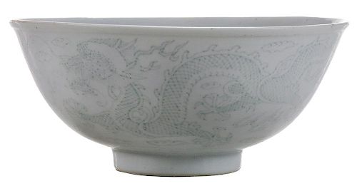 Guangxu White-Engraved Porcelain 白瓷暗刻云龙纹碗，2.125*6英寸，19世纪晚期，光绪款