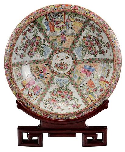 Famille Rose Porcelain Shallow Basin 粉彩人物花鸟纹浅盆，4.5*24.375英寸，20世纪，中国