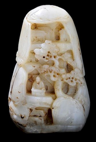 Two-Sided Carved He-Tian Jade Boulder 和田玉双面深浮雕洞中苦读人物山水，5.75英寸，中国