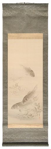Japanese School Water and Ink Scroll on 水墨鲤鱼画卷轴，80*26英寸，19/20世纪,中国