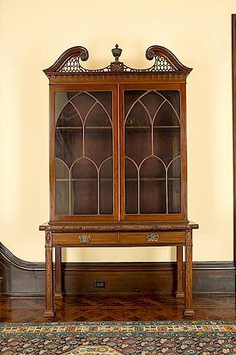 Chinese Chippendale Mahogany Bookcase on Writing Table  