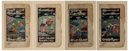 Four Mughal Miniature Illuminated and 莫卧尔荧光水彩画稿四件，7.25*4英寸，16/17世纪,印度