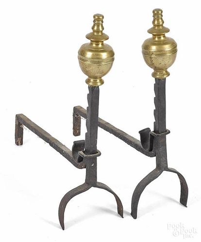 Pair of Continental brass and iron andirons, 18th c., 19 3/4'' h.