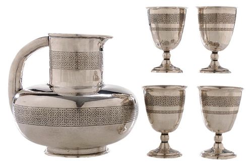 Persian Silver Pitcher and Four