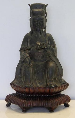 Seated Bronze Deity on Carved Custom Base.