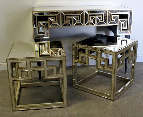Modern Mirrored Greek Key Design Table Lot.