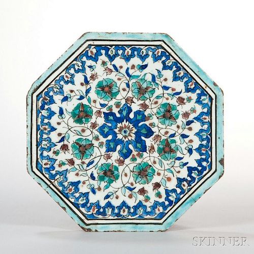 Octagonal Iznik Tile 八角伊兹尼克瓷砖,直径10英寸,18/19世纪,叙利亚