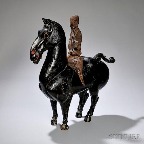Black Lacquered Wood Horse 黑漆木马和红色骑马俑，高28英寸，中国汉代