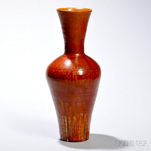 Amber Stoneware Vase 长颈喇叭口鼓腹琥珀色花瓶，高12英寸，中国辽代